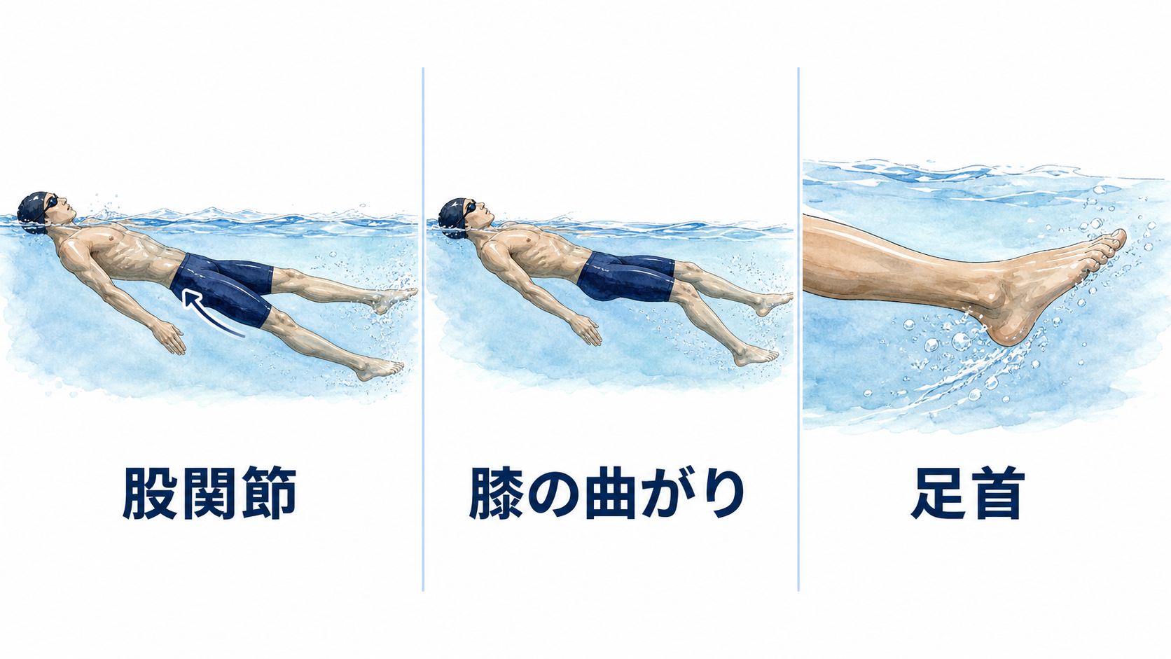 背泳ぎのキックで確認する股関節、膝、足首