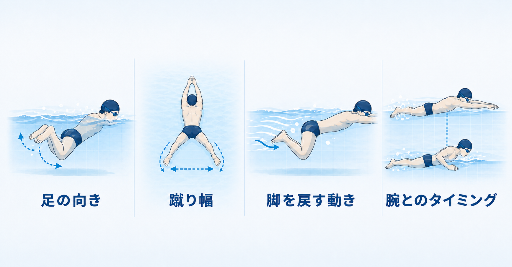 平泳ぎのキックで確認したい足の向き、蹴り幅、脚を戻す動き、腕とのタイミング
