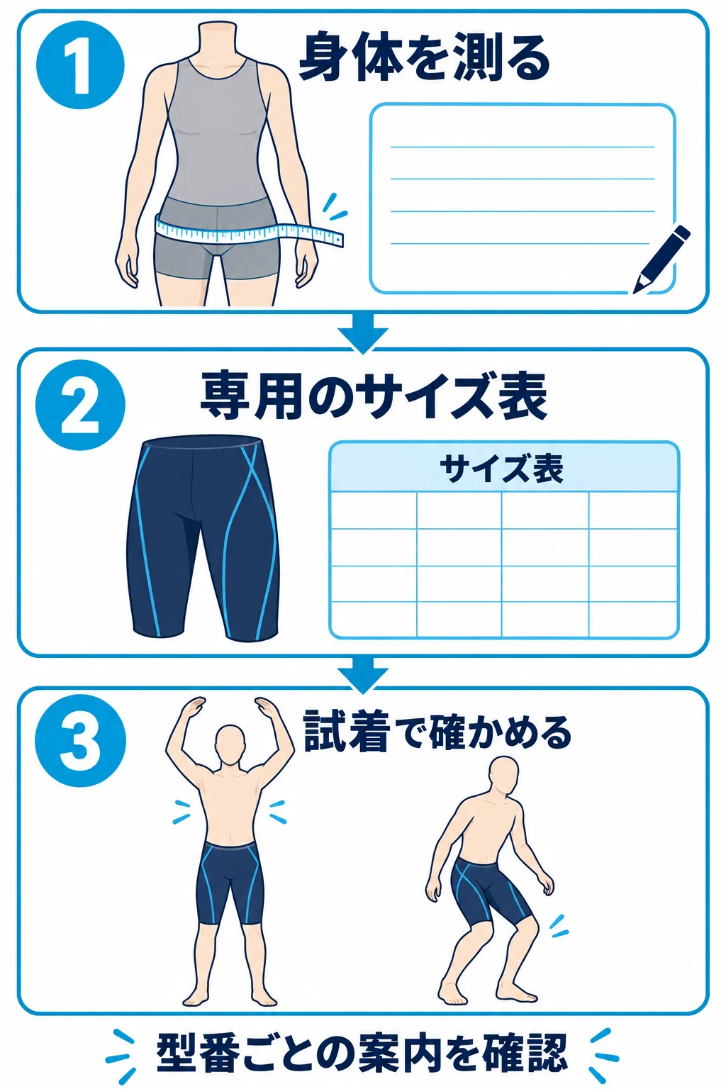 高速水着のサイズ確認を、身体を測る、専用サイズ表に照らす、試着で確かめるの3段階で示した図