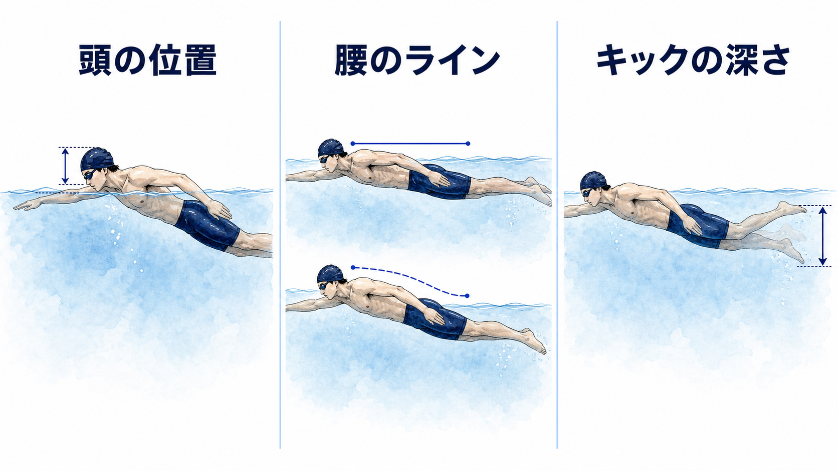 クロールで脚が沈むときに確認する頭、腰、キックの位置