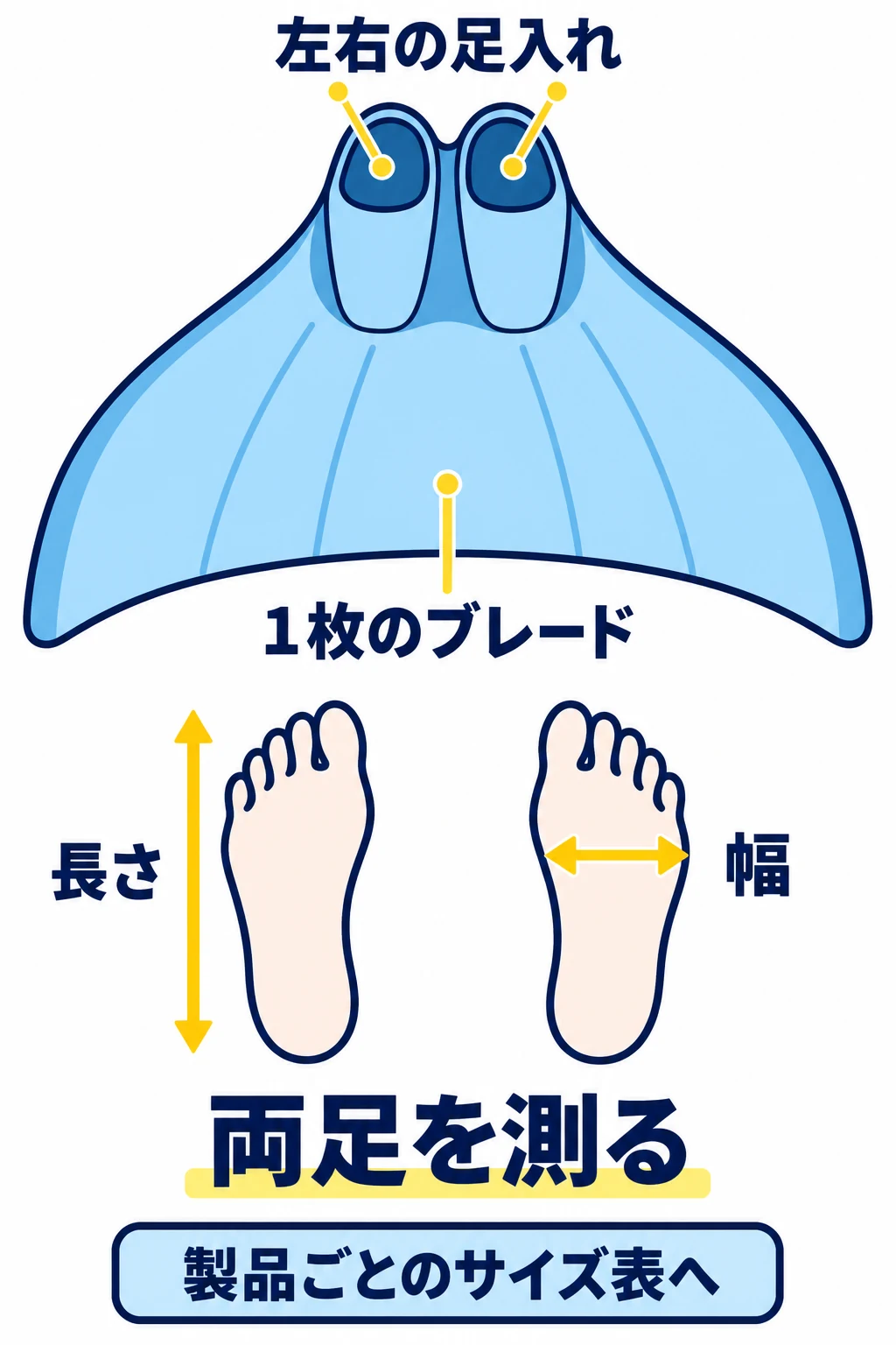 左右それぞれの足入れが1枚のブレードにつながるモノフィンと、左右の足の長さ・幅を確認する概念図