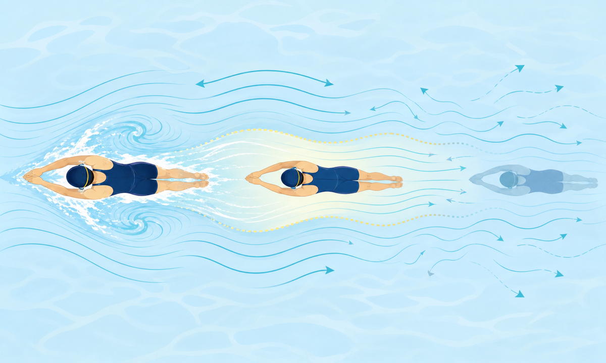 前の泳者が作る水流に後ろの泳者が入るドラフティングのイラスト