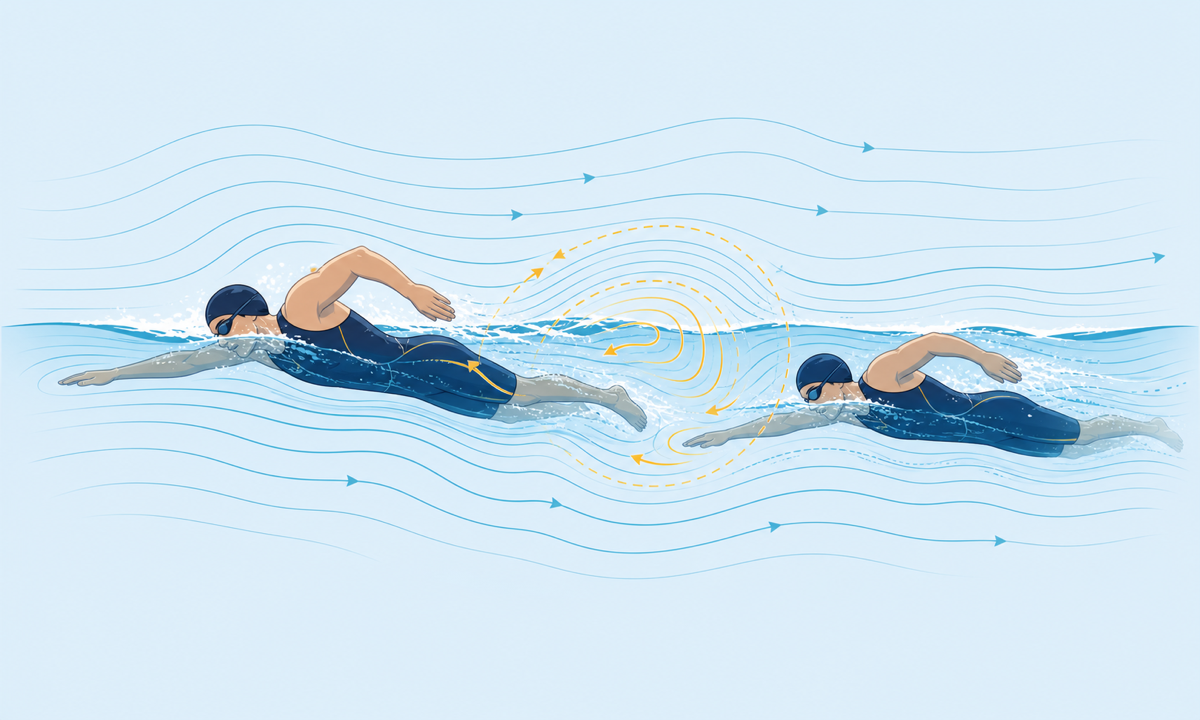先頭泳者と後続泳者の間に生まれる水流の相互作用を表したイラスト