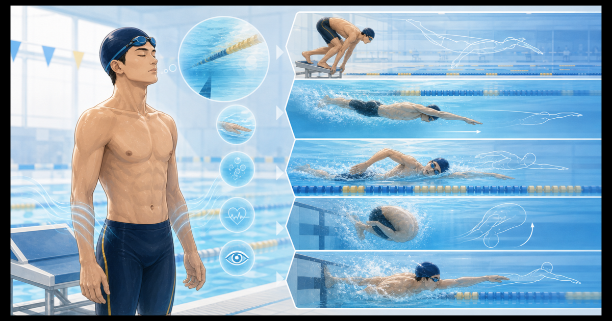 理想の泳ぎとレース展開を頭の中でリハーサルするイメージイラスト