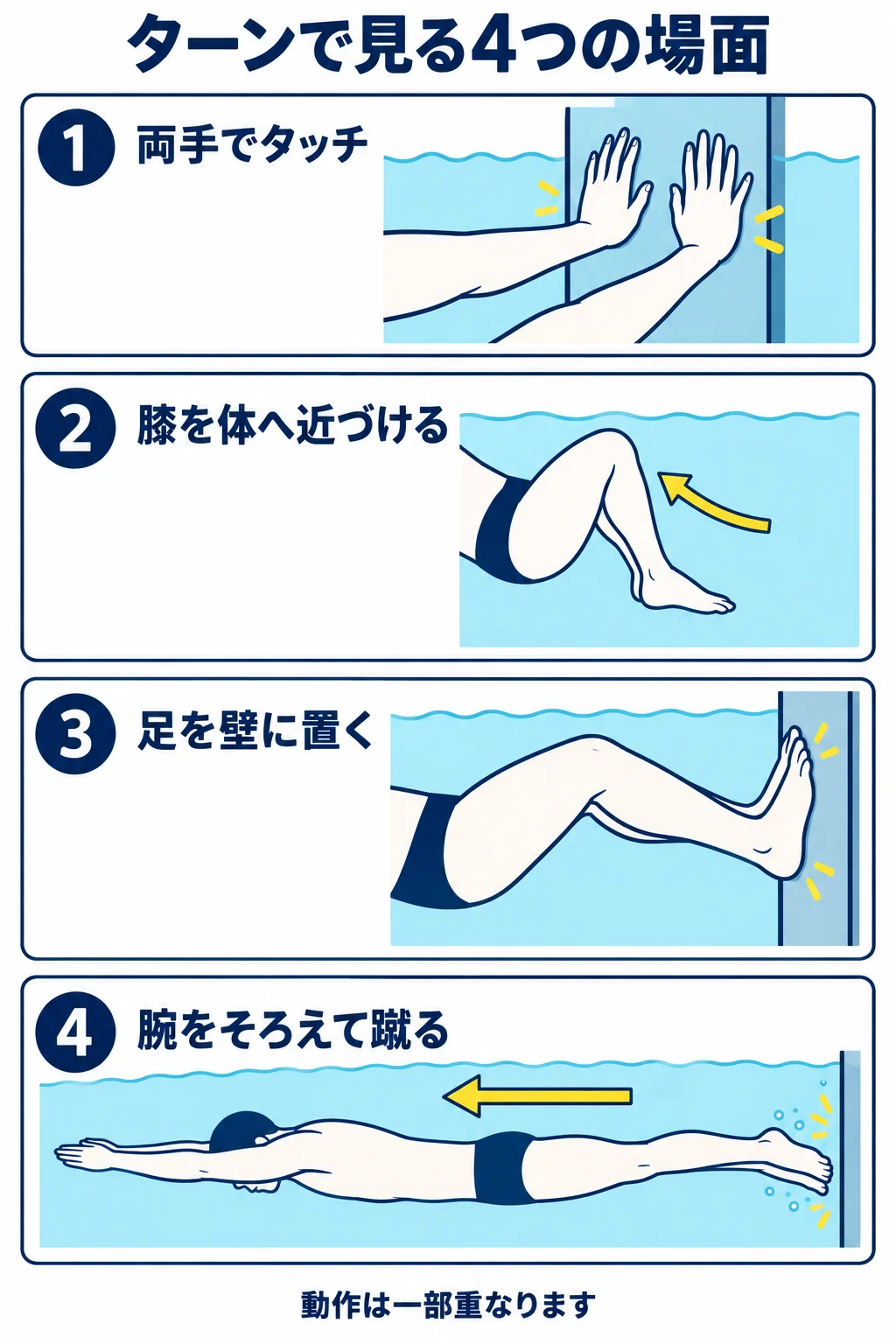 両手でタッチし、膝を近づけ、足を壁へ置いて蹴り出すまでの確認順