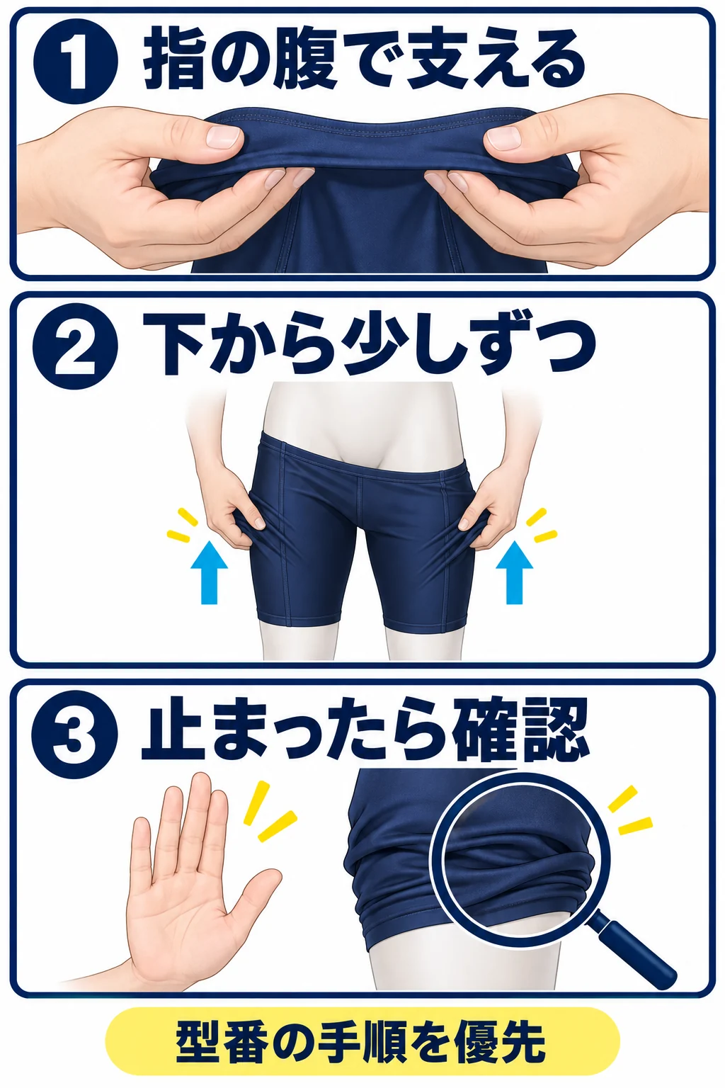 高速水着を着るとき、指の腹で生地を支え、下から少しずつ送り、引っかかったら止めて確認する3つの注意点を示した図