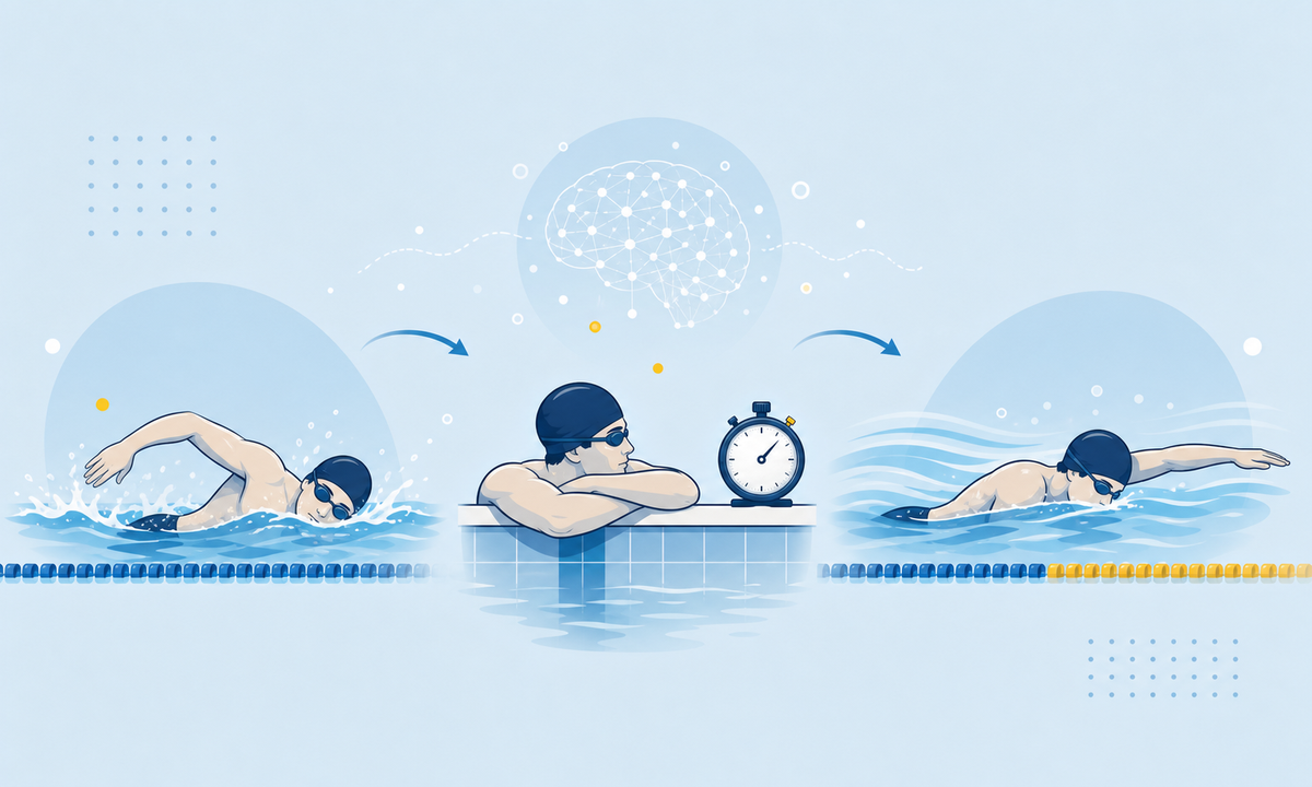 水泳フォーム練習における練習、短い休息、再試行の流れを表したプールサイドのビジュアル