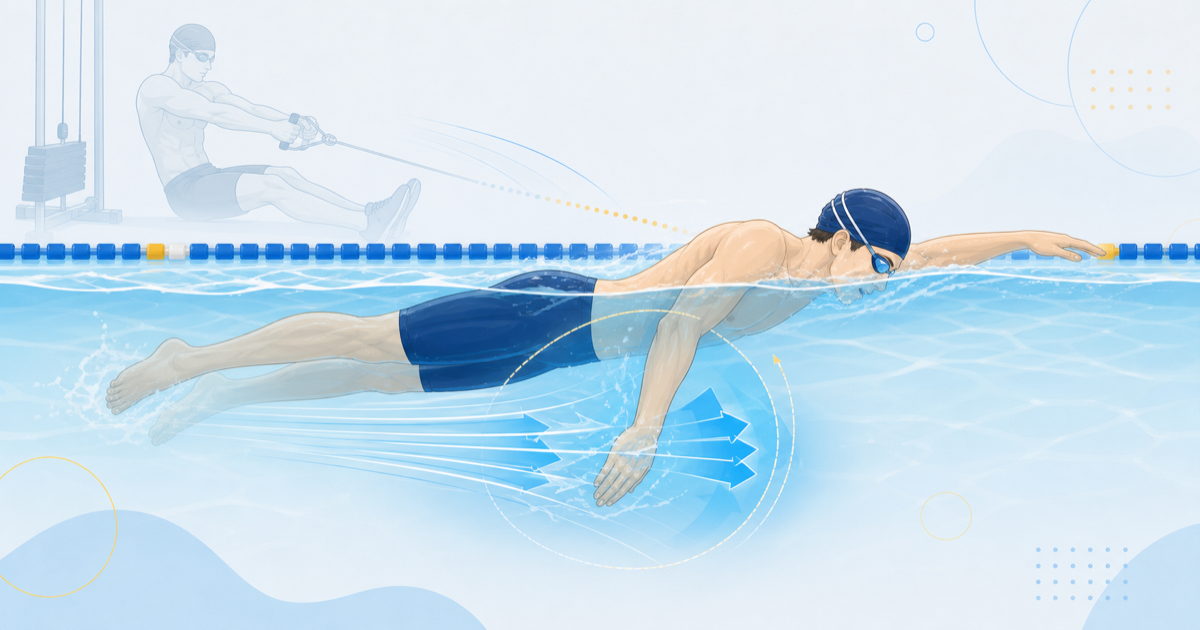 陸上トレーニングで高めた力を水中の推進に変えるイメージイラスト