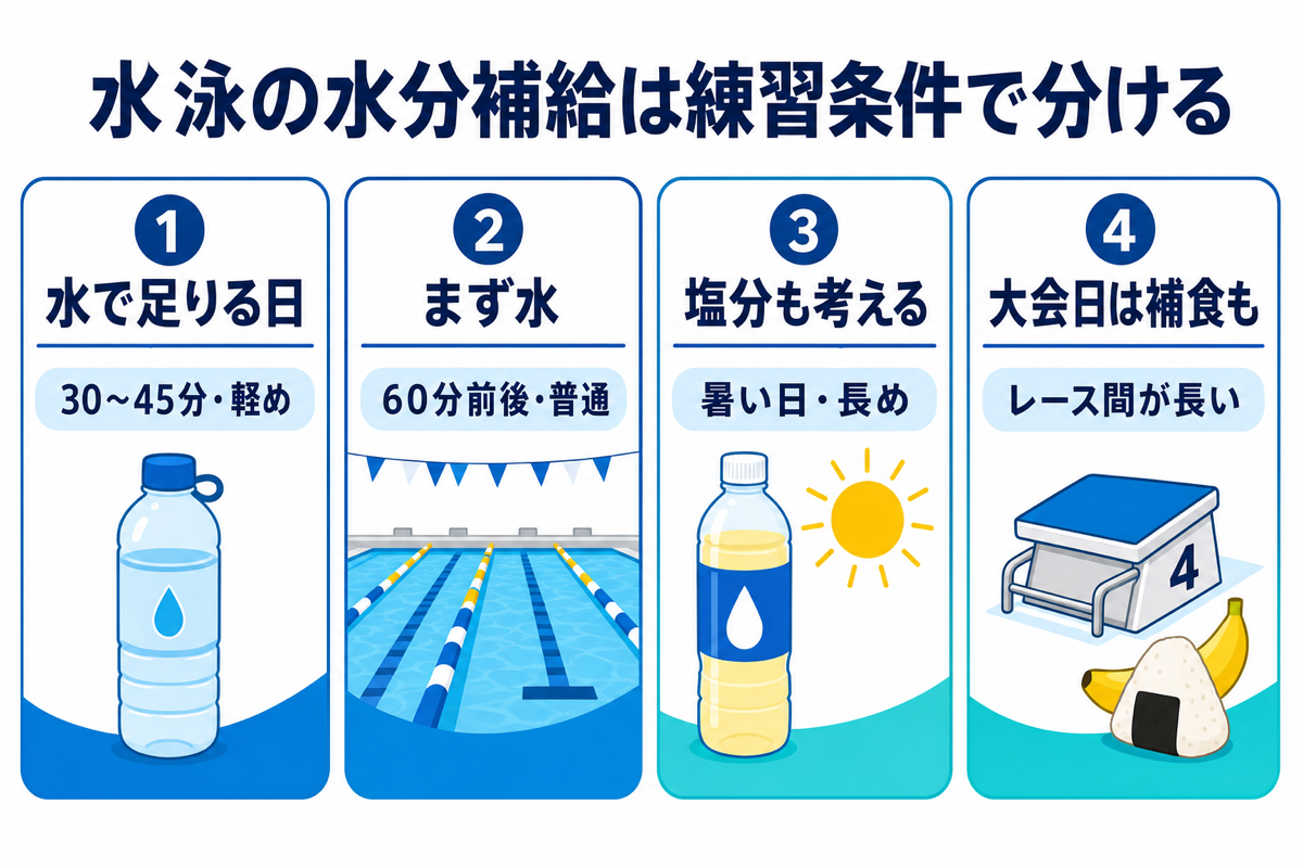 水泳の水分補給を、練習条件ごとに4つに分けて説明する図解。
